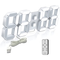 Deeyaple LED Wanduhr Digital Groß Wecker 3D Uhr Dimmbar Snooze USB 12/24Stunden Datum Temperaturanzeige Fernbedienung Nachtlicht Wohnzimmer Küche Schlafzimmer Büro 38cm (Weiß)