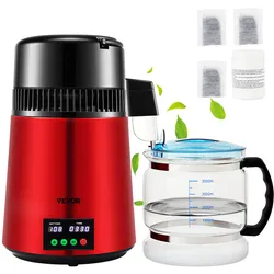 VEVOR Wasser Destillierer 1L / H Haushalt Rotes Wasserdestilliergerät Destilliertes Wasser herstellen 750 W, Doppelter Bildschirm Edelstahl Distilleranlage mit Glaskanne Reinwasser destilieren