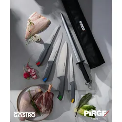 Pirge Gastro Profi Messerset mit Tasche 6 Stück - Griff mit Farbeinsatz - Profi Kochmesser Set - Edelstahl Profi Küchenmesser Set - Messer Set Scharf
