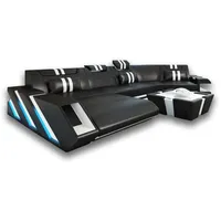 Sofa Dreams Wohnlandschaft Ledercouch Sofa Leder Apollonia C Form Ledersofa, Couch, mit LED, wahlweise mit Bettfunktion als Schlafsofa, Designersofa schwarz