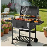 TLGREEN Holzkohlegrill BBQ Smoker mit Deckel XXL, Grillwagen Holzkohle mit Schornstein, Rädern und Thermometer, Höhenverstellbare Kohleschale, Groß Kohlegrillwagen für Camping schwarz