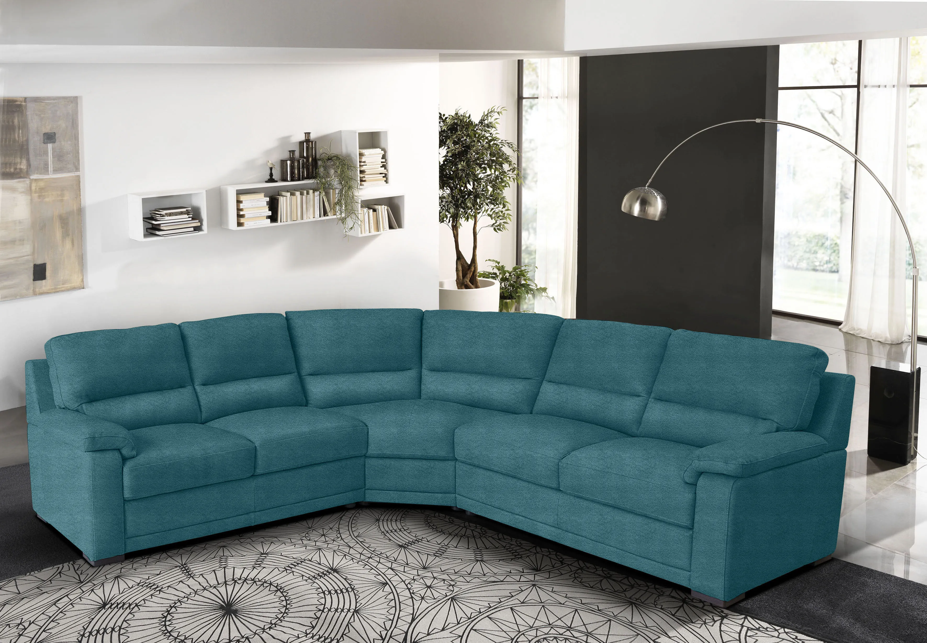 Ecksofa EGOITALIANO "Doris, modernes Designerecksofa in hochwertigen Microfaserqualitäten", blau (teal), B:266cm H:90cm T:246cm, Luxus-Mikrofaser BLUSH (100% Polyester) ist ein innovatives Mikrofasergewebe mit wasser- und fleckenabweisenden Eigenschaften. Sie verhindert das Eindringen von Flüssigkeiten und Ölen in das Textilgewebe. Mit einer neutralen Seifenlösung können Flecken von Kaffee, Tee, Wein, Fruchtsaft, Marmelade, Schokolade, Ketchup und anderen eiweiß- und fruchtsäurehaltige Lebensmitteln entfernt werden. Anschließend mit klarem Wasser ausspülen bzw. nachwischen. Mit einer Vorbehandlung mit Ethylalkohol und einer anschließenden Behandlung mit neutraler Seifenlösung können auch Flecken durch Kugelschreiber, Filzstiften, Kaugummi und Ölen entfernt werden. Anschließend mit klarem Wasser auswaschen bzw. nachwischen. Bitte beachte, dass die Fleckenentfernung unverzüglich nach Verschmutzung durchgeführt werden muss, um ein zufriedenstellendes Ergebnis zu erreichen., Sofas, edle Detailverarbeitung, wahlweise fleckenabweisend oder in Lederoptik