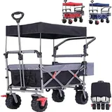 Famanu Bollerwagen Faltbar mit Luftreifen - Bollerwagen für Kindertransport - Bollerwagen mit Schiebestange - Schwarz