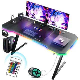 GTPLAYER Gaming Tisch, Gaming Schreibtisch 120 x 60cm, PC Tisch Gamer Tisch mit LED, Stabiler Computertisch mit Kopfhörerhaken, Schwarz