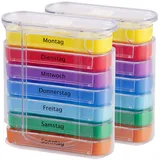 newgen medicals Medikamentenbox: 2er-Set bunte Medikamenten-Boxen für 7 Tage, je 4 Fächer, beschriftet (Tablettenbox, Pillenbox, Gesundheit)