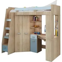 FurnitureByJDM Hochbett mit Schreibtisch, Schubladen, Regalen und Kleiderschrank – ANTRESOLA (Eiche Sonoma/Himmelblau, Links)