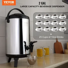 Vevor Heiß- und Kaltgetränkespender Getränkespender 7,6 L, Edelstahl Heiß- und Kaltwasserbrunnen Getränkespender mit Zapfen & Tragegriff für Kaffee, Wasser, Saft Isolierkanne für Cafés, Bars