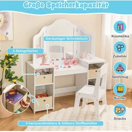 Costway Kinder Schminktisch & Stuhl Set, 2-in-1 Prinzessin Spiel Schminktisch Set mit 3 Abnehmbaren Spiegeln, Weiß - Weiß