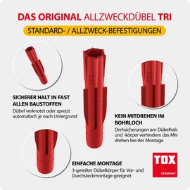 TOX Dübel Big Pack, Allzweckdübel Tri 10/61 200 Stück in vielseitig einsetzbarer und bruchsicheren Runddose, 2500 ml, 010260003, Rot, 10x61 mm