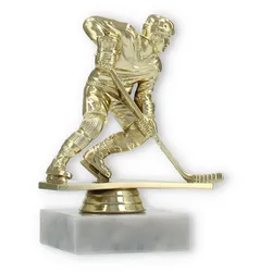 Pokal Kunststofffigur Eishockeyspieler gold auf weißem Marmorsockel 12,8cm