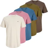 JACK & JONES "JPRBLABRODY TEE SS CREW NECK 5PK MP", Herren, Gr. L, rot (moonbeam pack:with petrolblau, schwarzbraun, schwarzolive, bordeaux), Jersey, Obermaterial: 100% Baumwolle, unifarben, regular fit normal, Rundhals, Shirts Rundhalsshirt