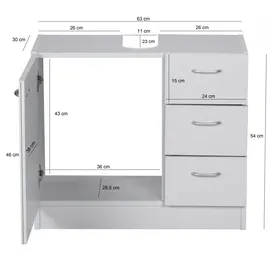 FineBuy Bad Waschbecken Unterschrank 54 x 63 x 30 cm 1 Tür 3 Schubladen weiß