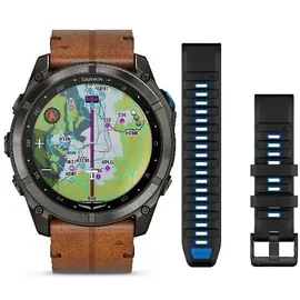 Garmin D2TM Mach 2 Pro BT 51 mm Titaniumgehäuse Carbon Grau Lederarmband braun/Silikonarmband schwarz