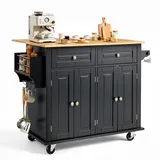 Vevor Kücheninselwagen, 110 cm mobiler Wagen mit Holzplatte und Lagerschrank, Rolltisch mit Klappplatte, Gewürzregal, Handtuchhalter, verstellbarem Regal, Schublade und Haken, tragbare Inseln Rollbar