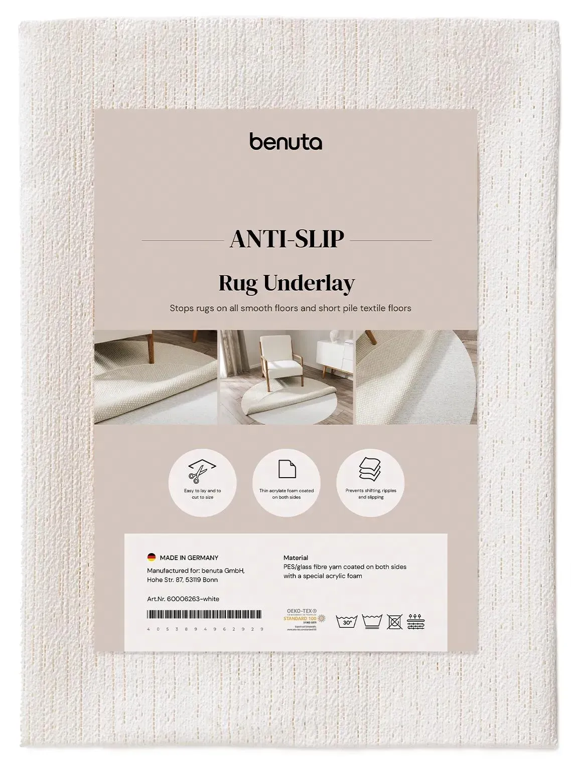benuta Kurzflor Teppichunterlage Prima Weiß ø 150 cm rund - Moderner Kurzflor-Teppich für Wohnzimmer