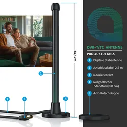 Aplic DVB-T2 digitale Stabantenne mit stabilem Magnetfuß bis zu 6 dBi / hohe Empfangsleistung