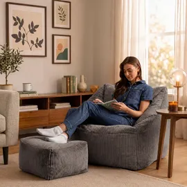 I.C.O.N. icon Sitzsack Riesen Sessel aus Cord Flauschig „Natalia" mit Hocker (Spar-Set, 1 x Sitzsack-Sessel, 1 x Fußhocker), Sitzsack XXL, Made in Germany, für Erwachsene & Kinder, für Wohnzimmer grau