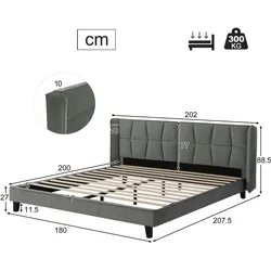 Merax Polsterbett 180x200 Ohrform Doppelbett aus Samt mit Kopfteil & Lattenrost Grau