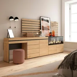 SKRAUT HOME Frisiertisch, Schminktisch, Ablage, 284x35x145 cm, Mit Schublade, XXL-Elektrokamin, Kommode, Dekorplatten, Eiche - 452_64