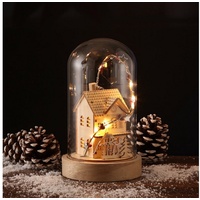 MARELIDA LED Dekoobjekt LED Deko in Glaskuppel beleuchtet Holzhaus Weihnachtsdeko 10 LED H: 20cm natur beige