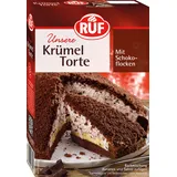 RUF Krümeltorte, Torten-Backmischung für einen schokoladigen Maulwurfkuchen mit Sahnefüllung, Schokoladenflocken und Bananen