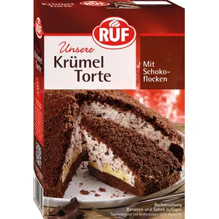 RUF Krümeltorte, Torten-Backmischung für einen schokoladigen Maulwurfkuchen mit Sahnefüllung, Schokoladenflocken und Bananen