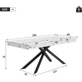 stilvora Küchentisch 180 x 76 x 80 cm weiß