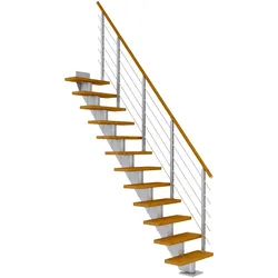 Dolle Mittelholmtreppe Frankfurt Gerade Eiche, geölt 65 cm breit für Geschosshöhen 259 – 301 cm UK Metall Perlgrau inkl. einseitigem Designgeländer