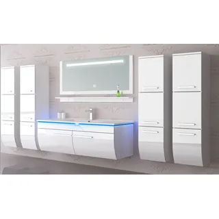 Homeline Badmöbel Set Weiss 240 cm Hochglanz Waschbecken Spiegel Komplett Bad Led System
