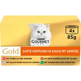 PURINA GOURMET Gold Zarte Häppchen in Sauce mit Gemüse Katzenfutter nass, Sorten-Mix, 12er Pack (12 x 4 Dosen à 85g)