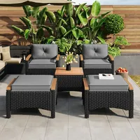 Rattan Balkonset (5-teilig), Akazienplatte mit grauen Kissen, Tragkraft 160 kg,