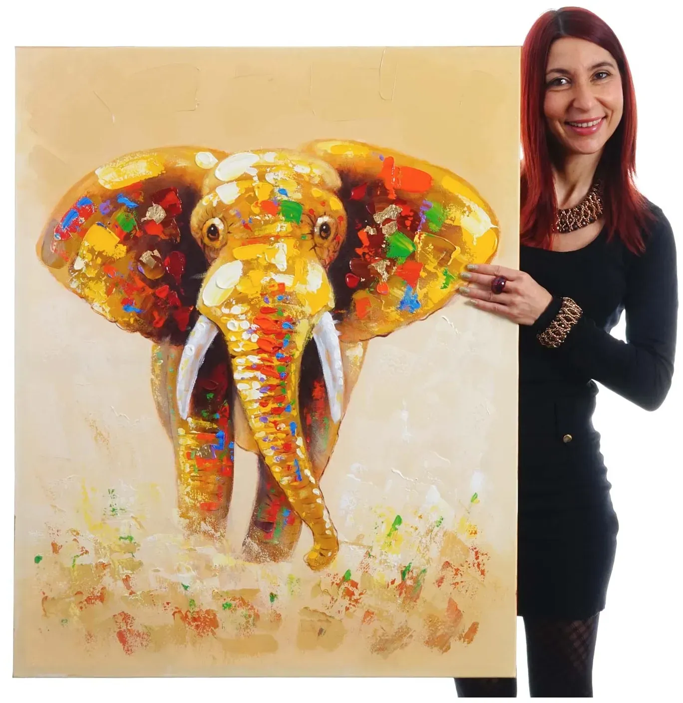 Wandbild Elefant, 100% handgemaltes Ölgemälde Gemälde XL, 100x80cm