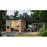 KARIBU Hybrid Gartenhaus Hollywood im Set mit Anbaudach ca. 2,40 m breit naturbelassen inkl. Fußboden Gartenlaube Geräteschuppen Gartenhütte