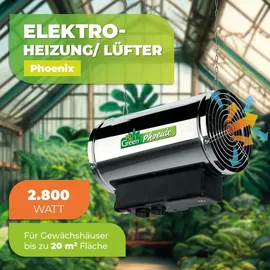 Bio Green Elektro-Gewächshausheizung Phoenix mit 3 Heizstufen bis 2.800 Watt | Thermostat | 460 m3/h Luftumwälzung | Umluft-Modus | spritzwassergeschützt
