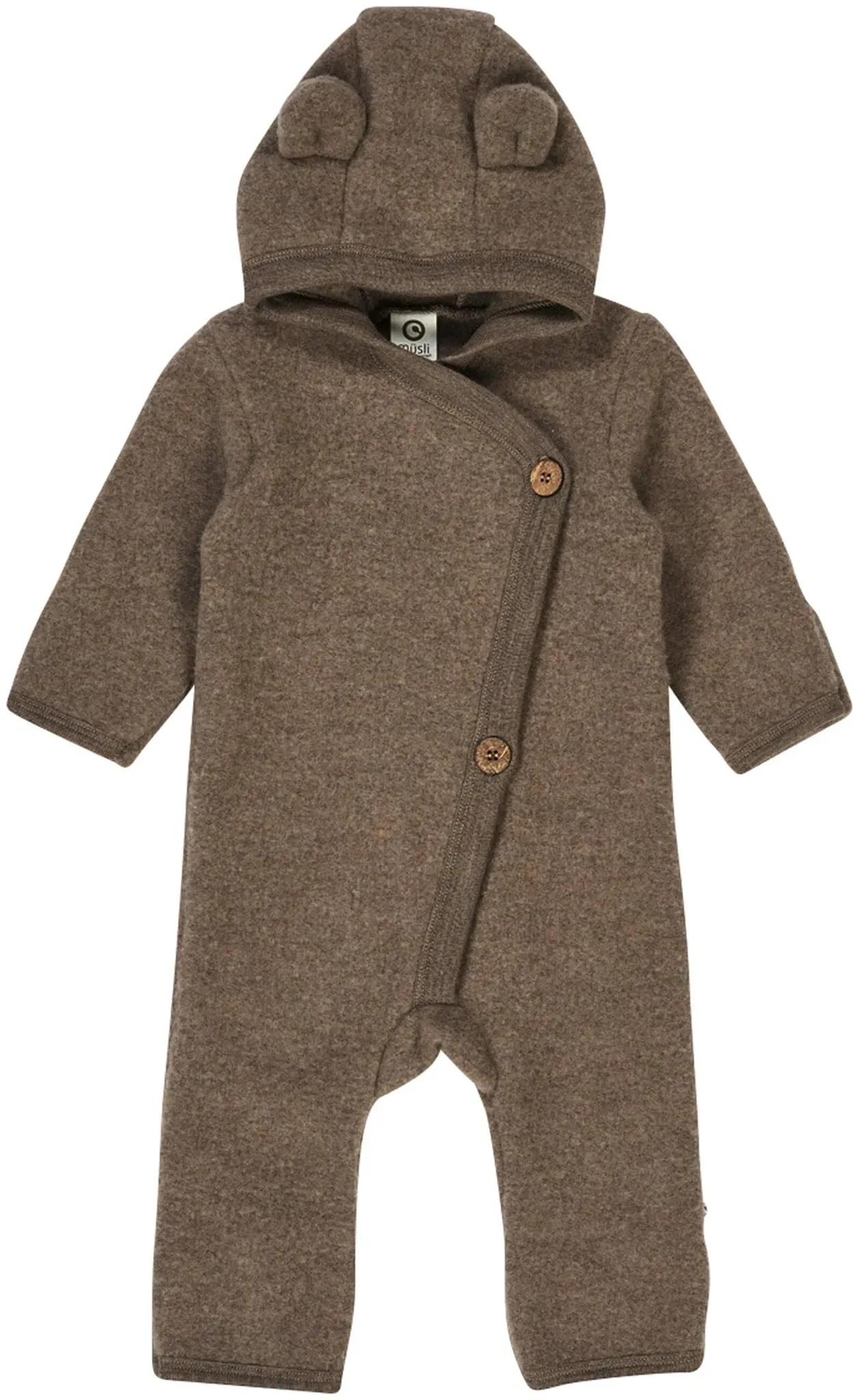 Müsli Wollfleece-Overall mit Klappfuß und Kapuze Ohren, braun, 56