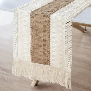 OurWarm Makramee-Tischläufer im Bauernhaus-Stil, Jute-Tischläufer, Spleißen aus Baumwolle, Boho-Tischläufer mit Quasten für rustikale Hochzeit, Brautdusche, Heim-Esstischdekoration, 30,5 x 274,4 cm