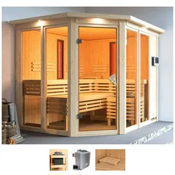 Sauna KARIBU "Avril", beige (naturbelassen), Bio-Kombiofen, externe Steuerung, 9 kW, Saunen, 9-kW-Bio-Ofen mit externer Steuerung