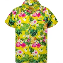 King Kameha Funky Hawaiihemd Kids Kinder Jungs, Kurzarm, Print Pineapple Flowers, Gelb, 10 - 10 Jahre