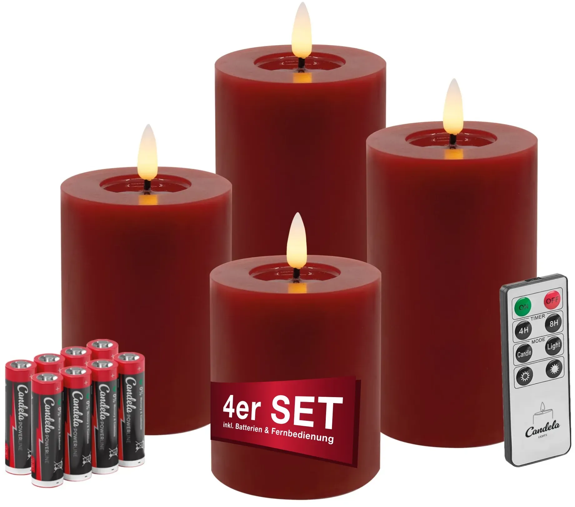 Candela Lights LED Kerzen 4er Set Winter Rot glatt Echtwachs inklusive Fernbedienung und 8 Batterien Timer Funktion & mehrstufig dimmbar flammenlos Echtwachskerzen Stumpenkerzen