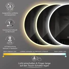 PonteSino HOKO Badspiegel LED Antibeschlag rund 60cm+LED Wechsel Warmweiß-Kaltweiß-Neutral 2700-6500K. Licht mit Touch Schalter/Wandschalter einschaltbar).... - Transparent