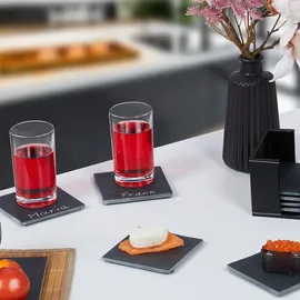 Relaxdays Schiefer Untersetzer 8er Set, mit Bambus Box, Getränkeuntersetzer, 10x10 cm, Schieferplatte Gläser, anthrazit