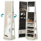 SONGMICS Schmuckschrank, 360° drehbar, Ablagen auf der Rückseite, Ganzkörperspiegel, abschließbarer Schmuckorganizer, mit kleinem Spiegel, wei... - Weiß