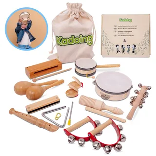 Kadoing® 18-teiliges Musikinstrumenten Set aus Holz - Nachhaltiges Geschenk - Lernspielzeug - Geburtstag zu Hause - Montessori Spielzeug - Kinderspielzeug - Musik für Kinder