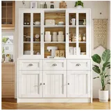 Flieks Küchenbuffet mit Schubladen und Glastüren (1-St., B140/T40/H175 cm) Hochschrank Küchenschrank Geschirrschrank mit verstellbare Ablagen weiß