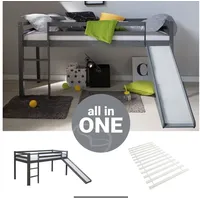 Homestyle4u 2258, Kinderbett 90x200 Grau Hochbett mit Rutsche Treppe Lattenrost für Kinder Bettgestell Holz Massiv Kiefer Kinderzimmer