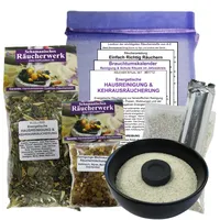 RÄUME/Haus/Wohnung AUSRÄUCHERN von negativen Energien HAUSREINIGUNG + WEIHRAUCH + SAGE + KEHRAUS 10-TLG Räucherset für mit Räucherwerk + 10cm Räucherschale + Räucherkohle + ZUBEHÖR. 81712-S