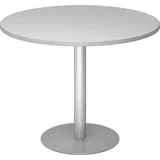 bümö Besprechungstisch, Esstisch klein, Tisch rund 100 cm - Kleiner Esstisch grau, Rundtisch Esstisch 2 Personen mit Holz-Platte, Säule aus Metall in Silber, Konferenztisch, Bistrotisch