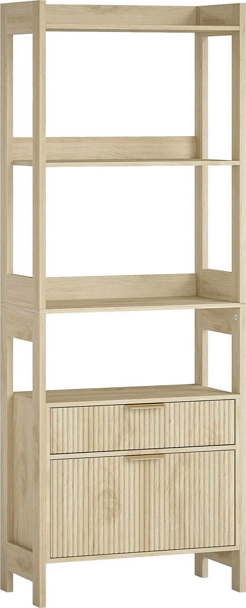 HOMCOM Hohes Bücherregal, Aufbewahrungsregal, 4 offene Ablagen & 2 geriffelte Schubladen, goldfarbene Griffe, modernes Design, für Wohnzimmer, Büro, Schlafzimmer, 60 x 30 x 160 cm, Naturholz   Aosom
