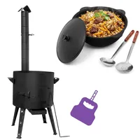 4big.fun Uchag 2mm Stahl Utschak mit Abzugsrohr Kazan 16L Grillfächer Schaumkelle Suppenkelle Utschak Utschag Kasan Feldküche Außenküche Eintopfofen Gulaschkanone
