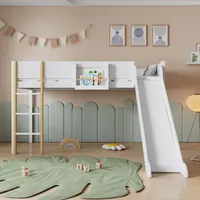 Hochbett 90×200 Cm, Einzelbett Mit Gerader Leiter 3 Stufen, Rutsche Und Abnehmbarem Regal, Ohne Matratze, Holz Weiß
